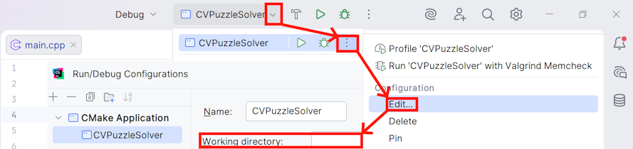 Edit configuration to edit working directory