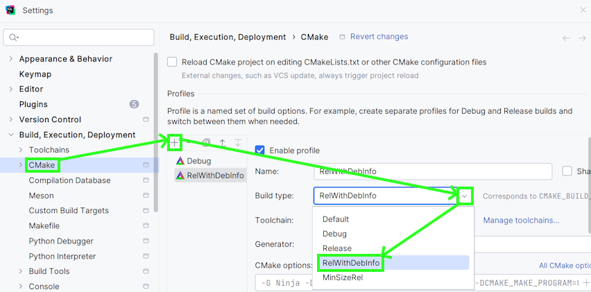How to add RelWithDebInfo CMake build type in CLion